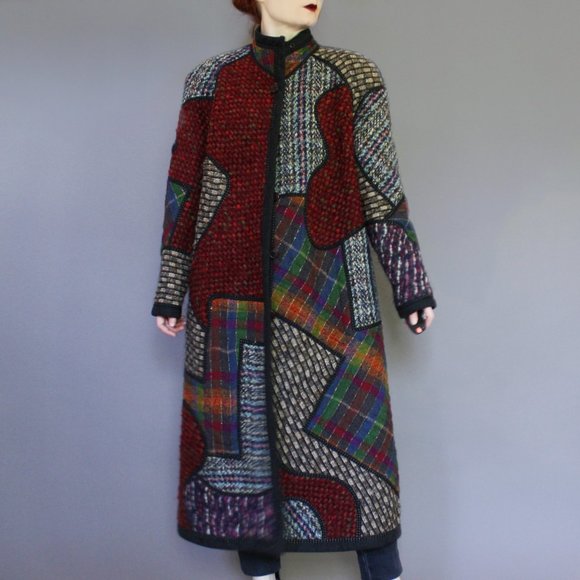 Vintage Koos Van Den Akker Women’s wool Coat Quilted Patchwork 80s sz 10, SMALL - Picture 2 of 12